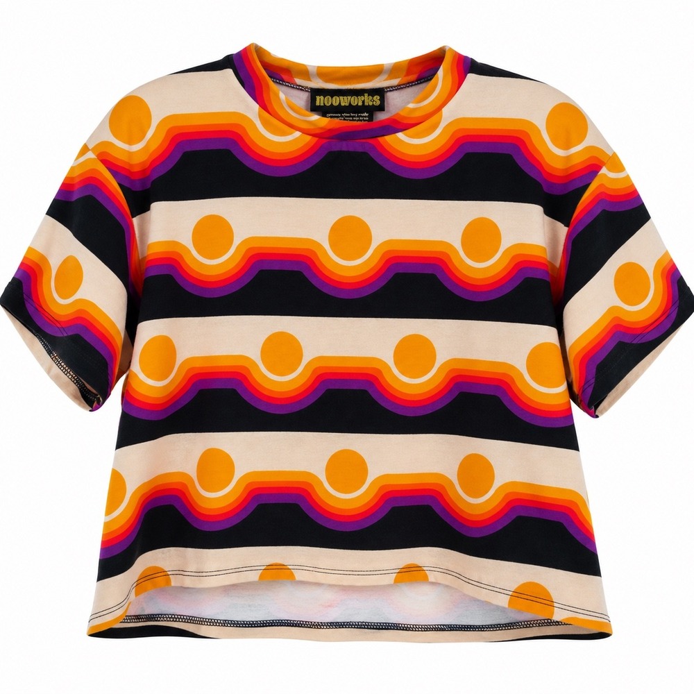 Nooworks Crop Top Circa Retro Wavy Stripe Sun Print Tee Orange Black L